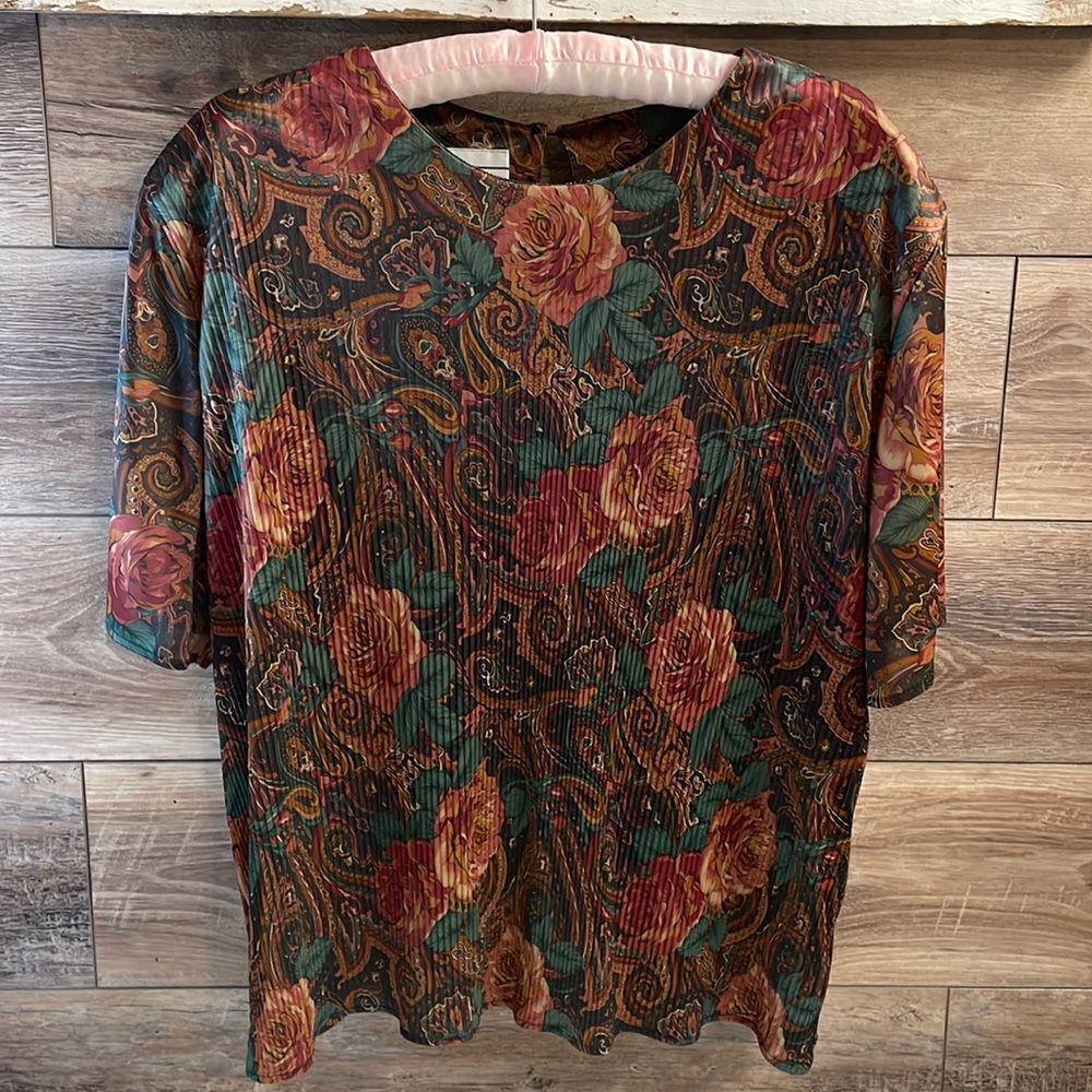 August Max Woman Blouse, Size 1X , Floral/Paisley Print, Green,Brown,Rust Colors